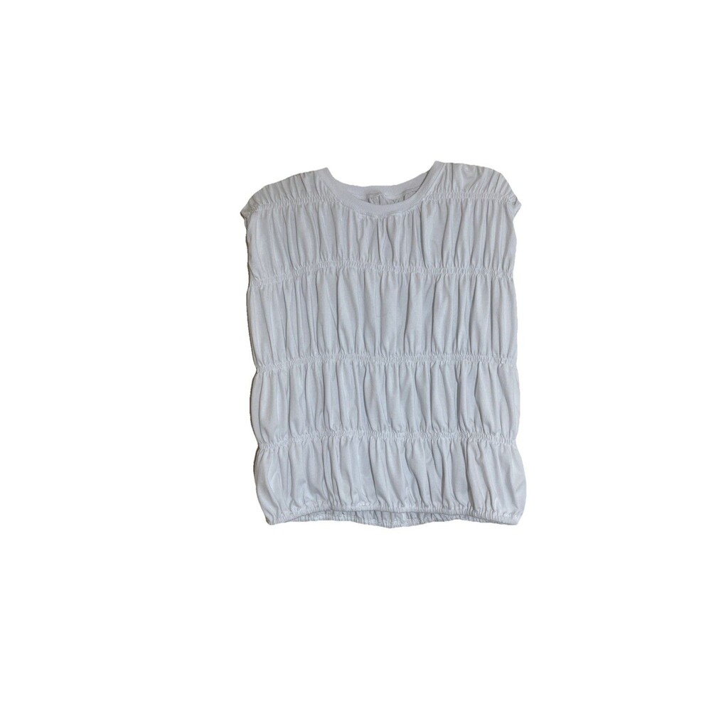 Womens L Bubble Top White Tiered Smocked Crew Neck Tee 95% Cotton Stretch Shirt
